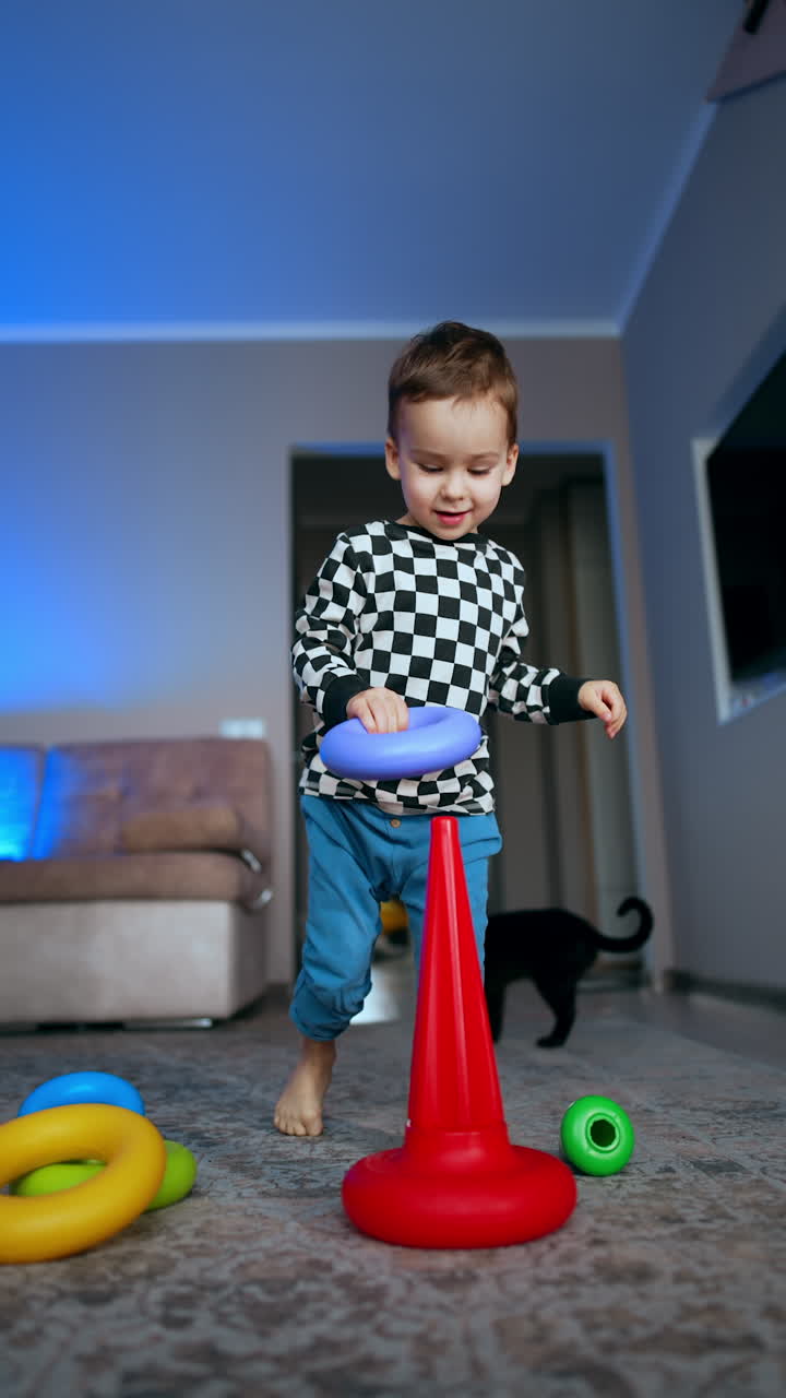 Cheerful baby boy plays with toy pyramid at home. Black cat walks around the toddler in the room. Low angle view. Vertical video.