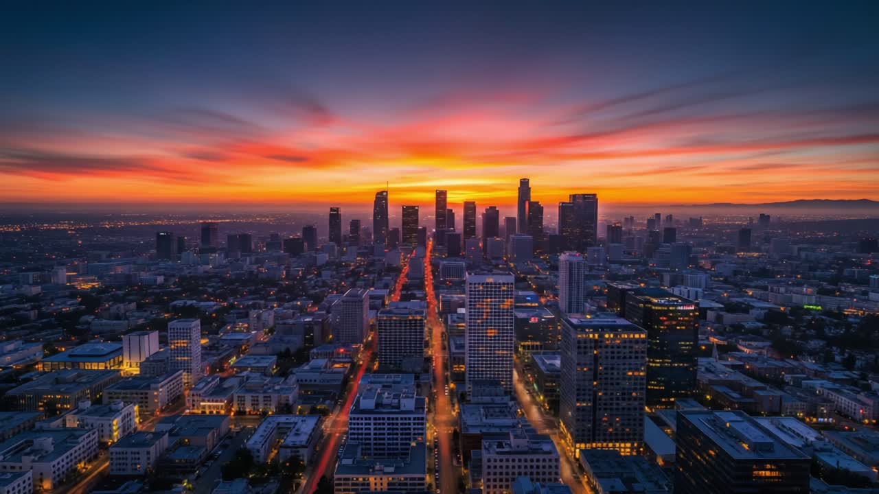 Breathtaking Urban Sunset Over a Vibrant Cityscape: A Stunning Visual Journey from Dusk to Night in an Enchanting Metropolis