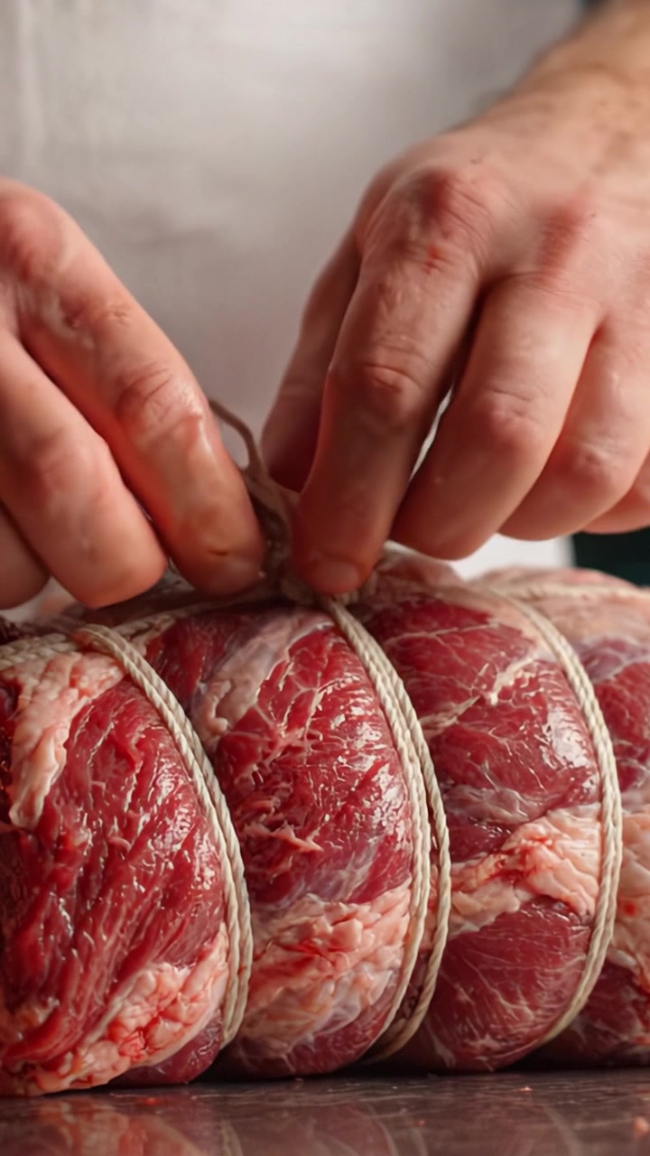 Guida passo-passo per legare la carne con lo spago per una preparazione ottimale nelle pratiche culinarie, con enfasi sulle tecniche tradizionali.