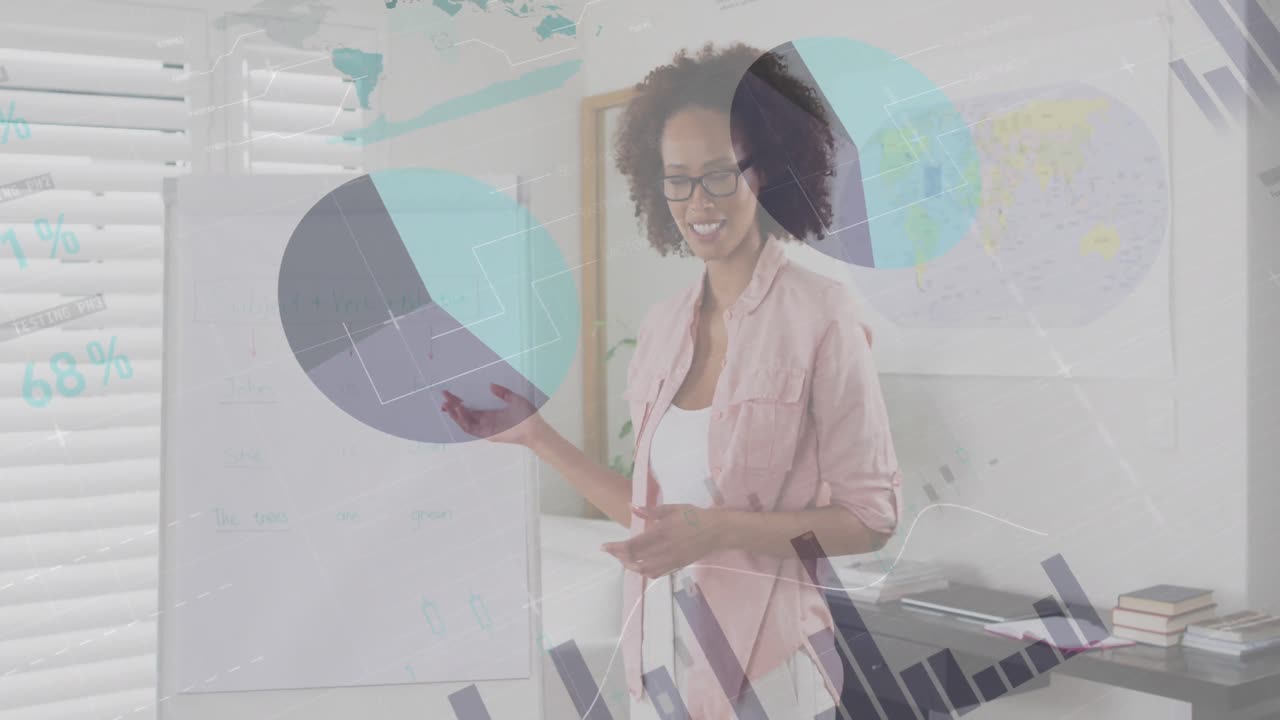 animación del procesamiento de datos financieros sobre una maestra afroamericana que apunta a la pizarra