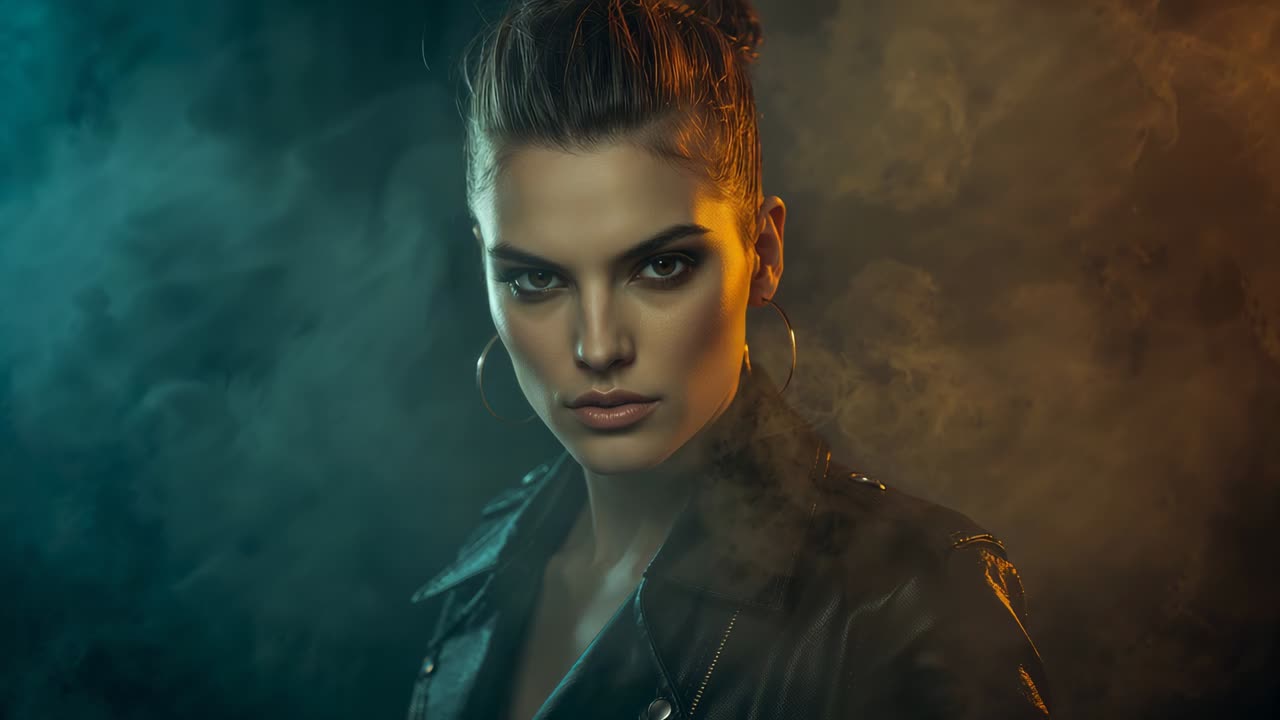Camera rolling model in leather jacket blinking, shifting gaze for shoot in studio with vivid smoke