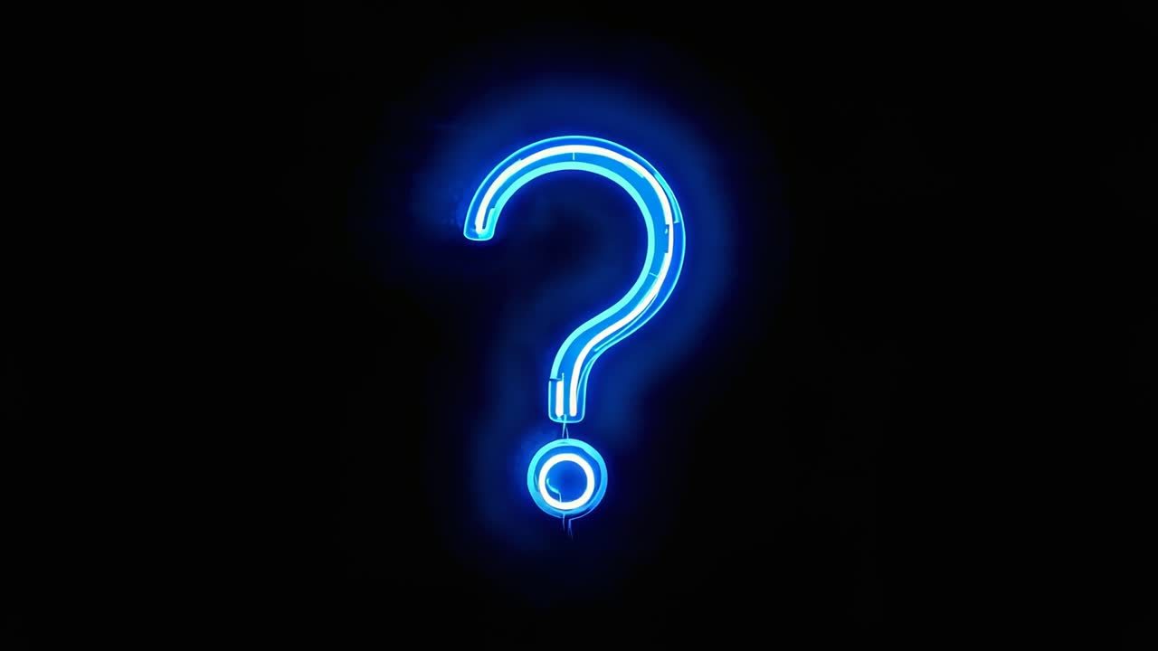 Powering blue neon question-mark sign brightening on black wall, showing halo, dual tubing and cord