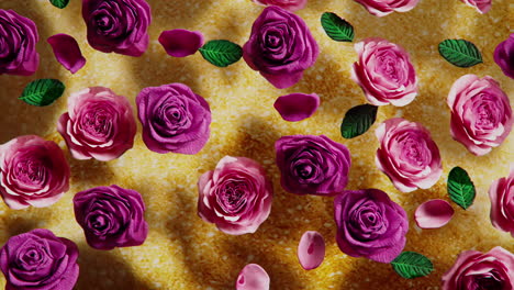 roses with petals float on the water on a golden background