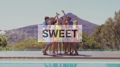 animation of new season text over happy group of happy people at the pool