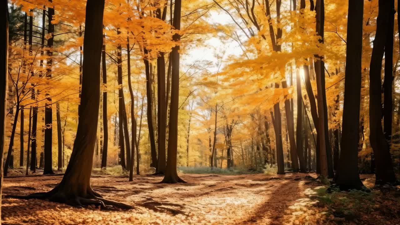 A serene autumn forest with golden leaves, captured at eye level