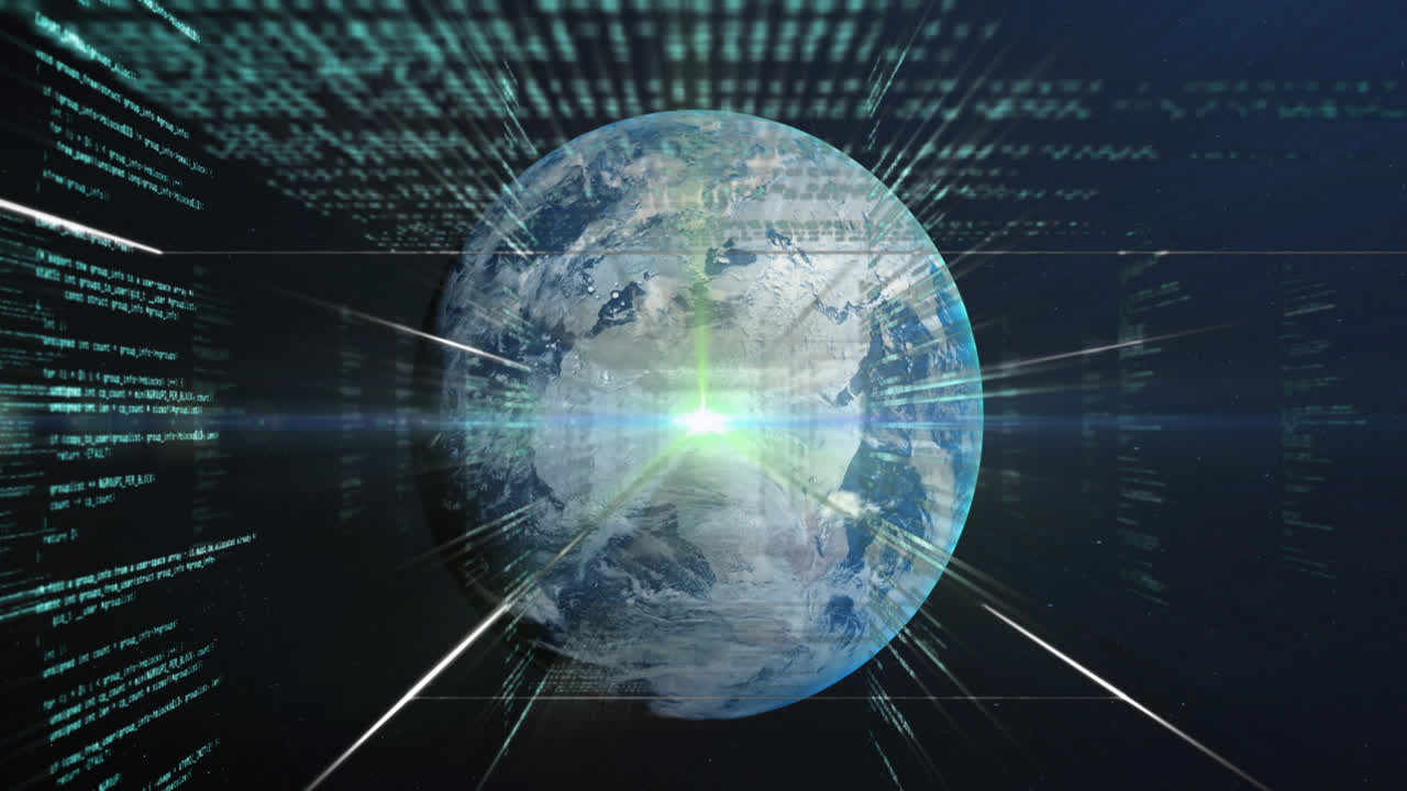파란색 배경에 전 세계에 대한 데이터 처리 애니메이션