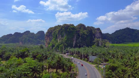 Tropical-landscape-karst-mountains-road-palm-trees