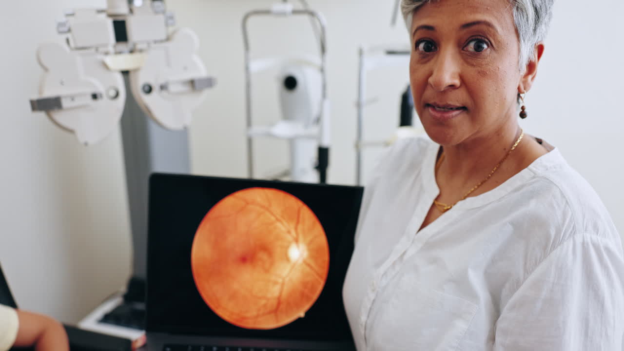 viso, donna e presentazione con scansione oculare