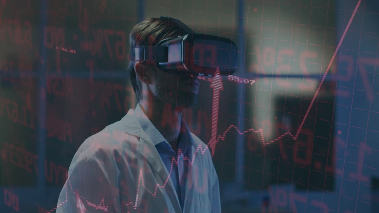 Videnskabsmand med VR-headset peger, hvilket får røde finansielle hologrammer til at stige opad og analysere vækst.