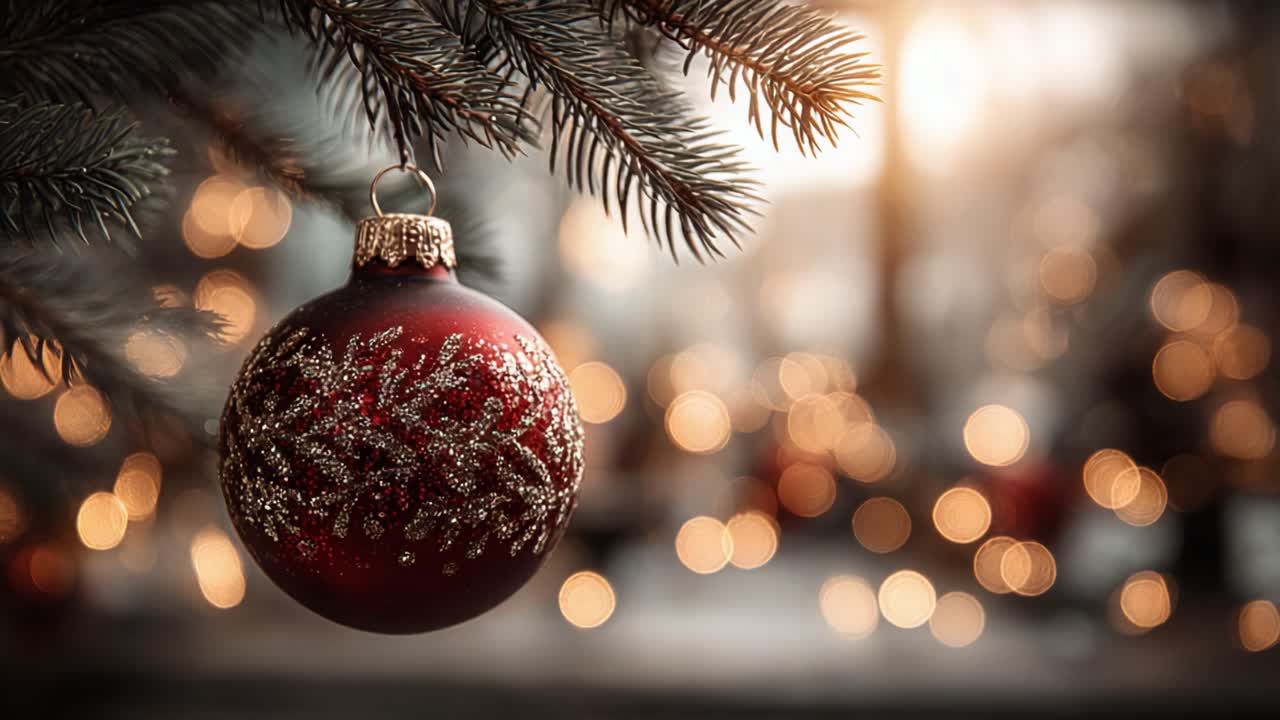 Uno straordinario primo piano di una decorazione natalizia rossa appesa a un ramo di pino, circondata da luci bokeh scintillanti, per una magica atmosfera festiva