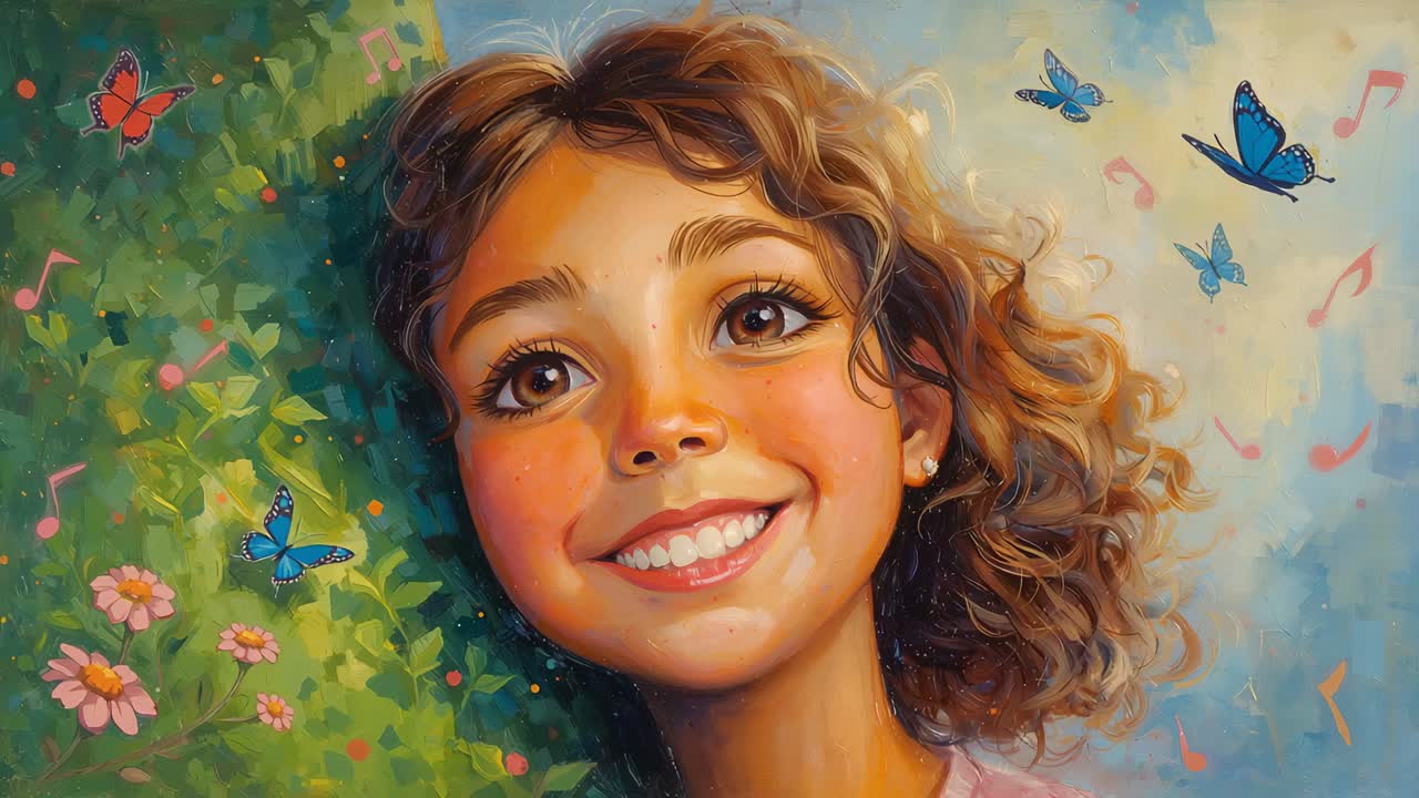 Smiling girl reacting to gentle breeze, blinking and gazing upward in garden, pink top, butterflies