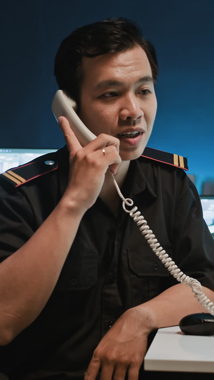 Guard Having Talk on Landline Phone in Surveillance Room
