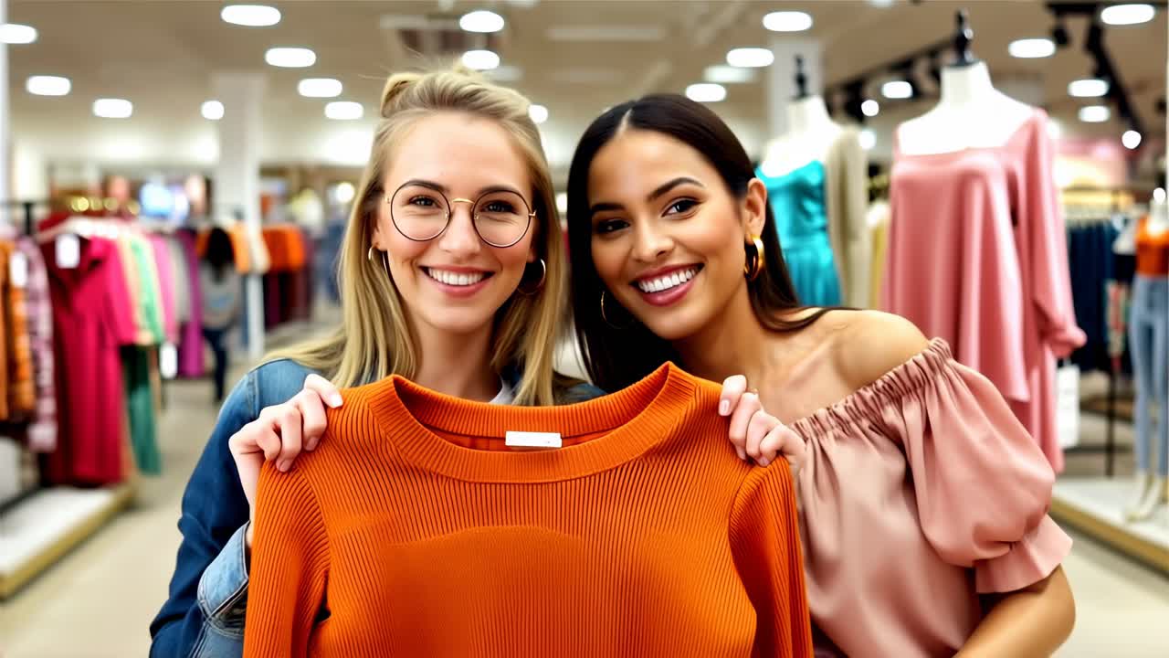 Two women are smiling and holding up a shirt in a clothing store