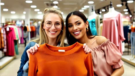 Two women are smiling and holding up a shirt in a clothing store