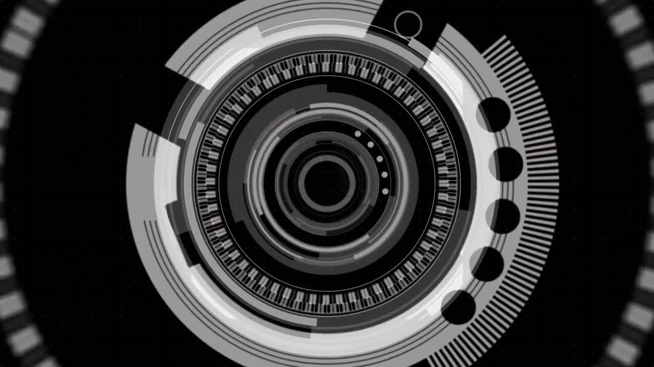Animation of scopes scanning and colourful shapes flickering in hypnotic motion on black background