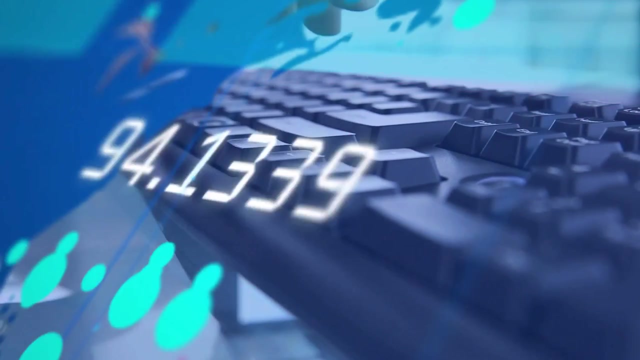 Hands typing on black keyboard, activating teal waveform over keys, numeric code for tech analytics
