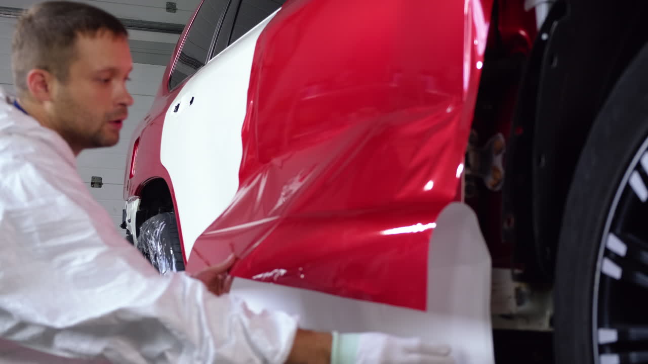 la aplicación de envoltura de vinilo rojo a una puerta de coche