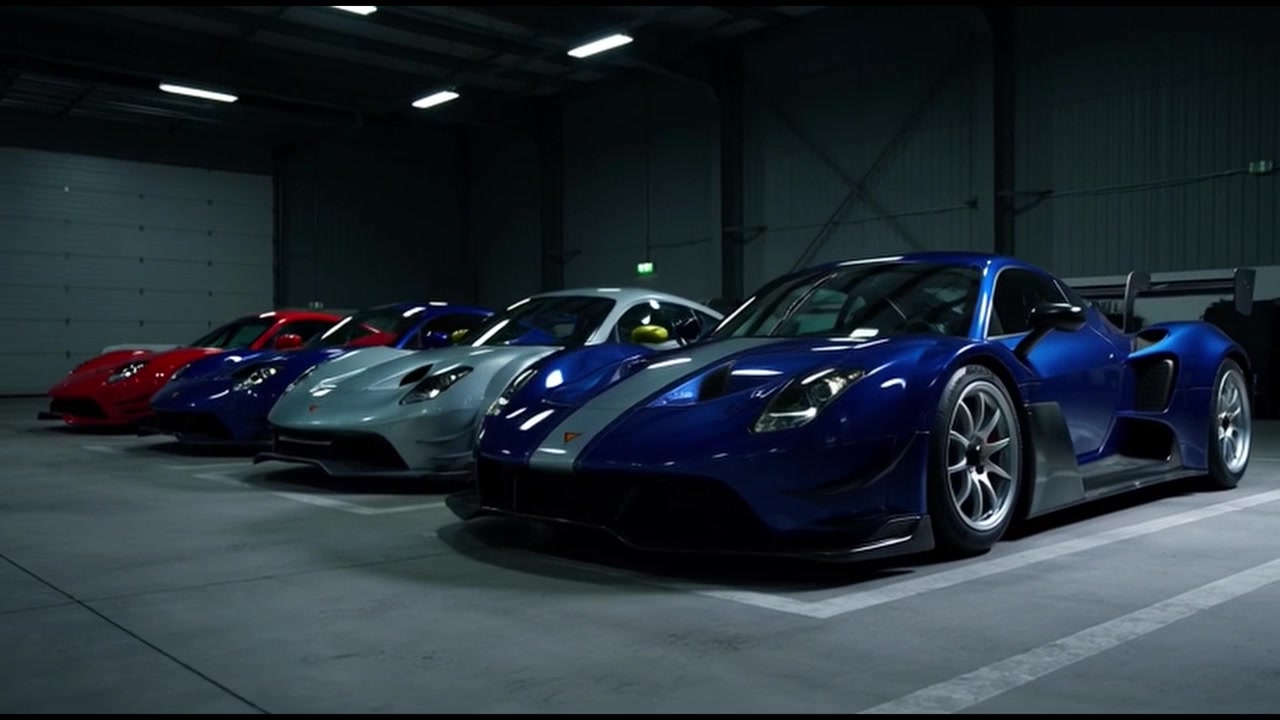 Række af luksus-superbiler parkeret inde i en moderne garage
