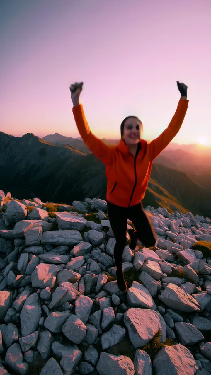 Joyful woman celebrating on a rocky mountain peak at sunset