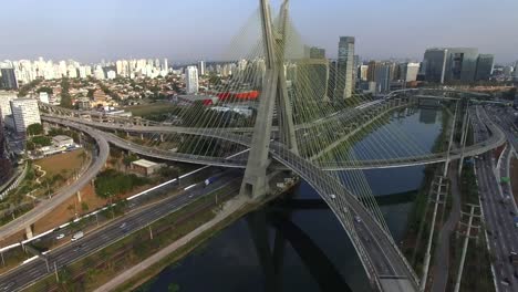 aerial footage of the cable bridge in sao paulo brazil