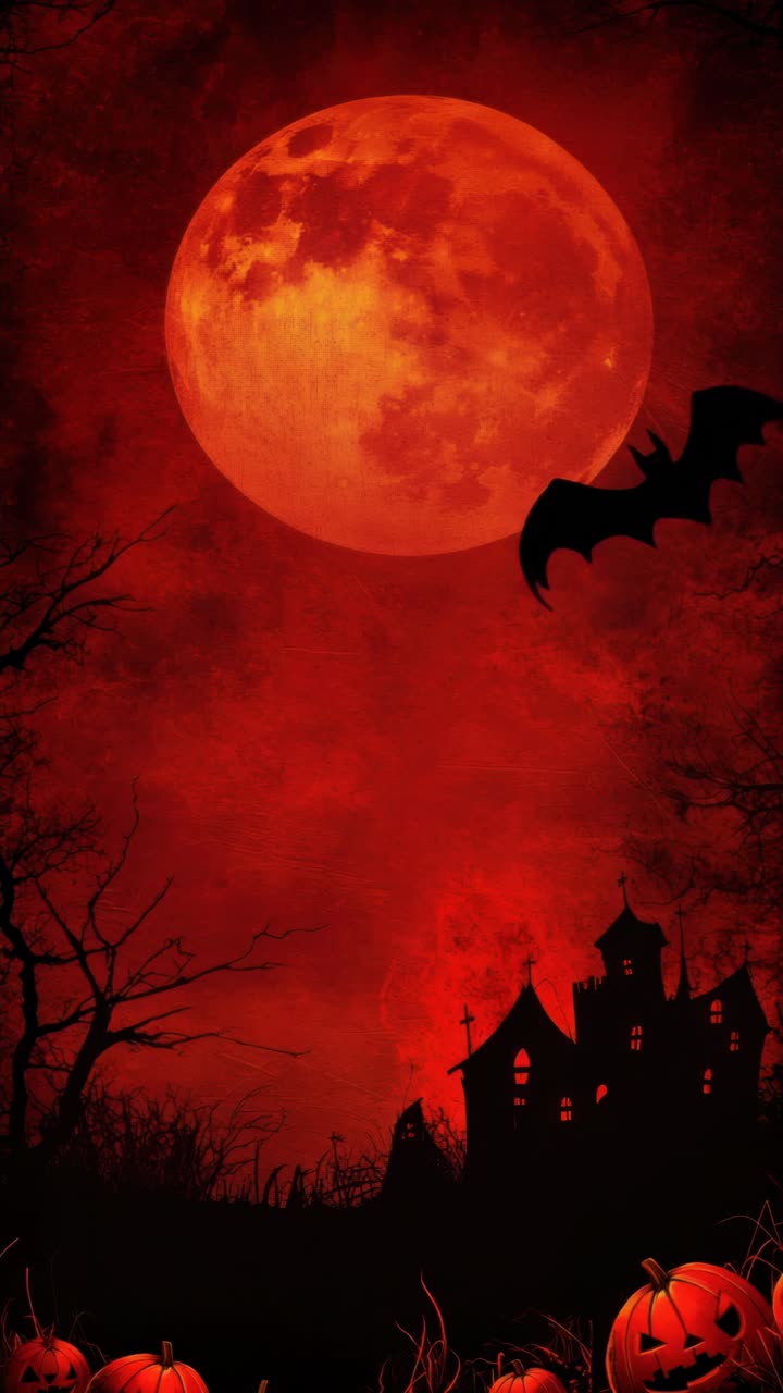 Spettrale scena di Halloween con vista dal basso di una casa infestata, zucche illuminate e luna piena