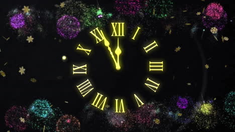 animation of clock showing midnight and fireworks exploding on black background