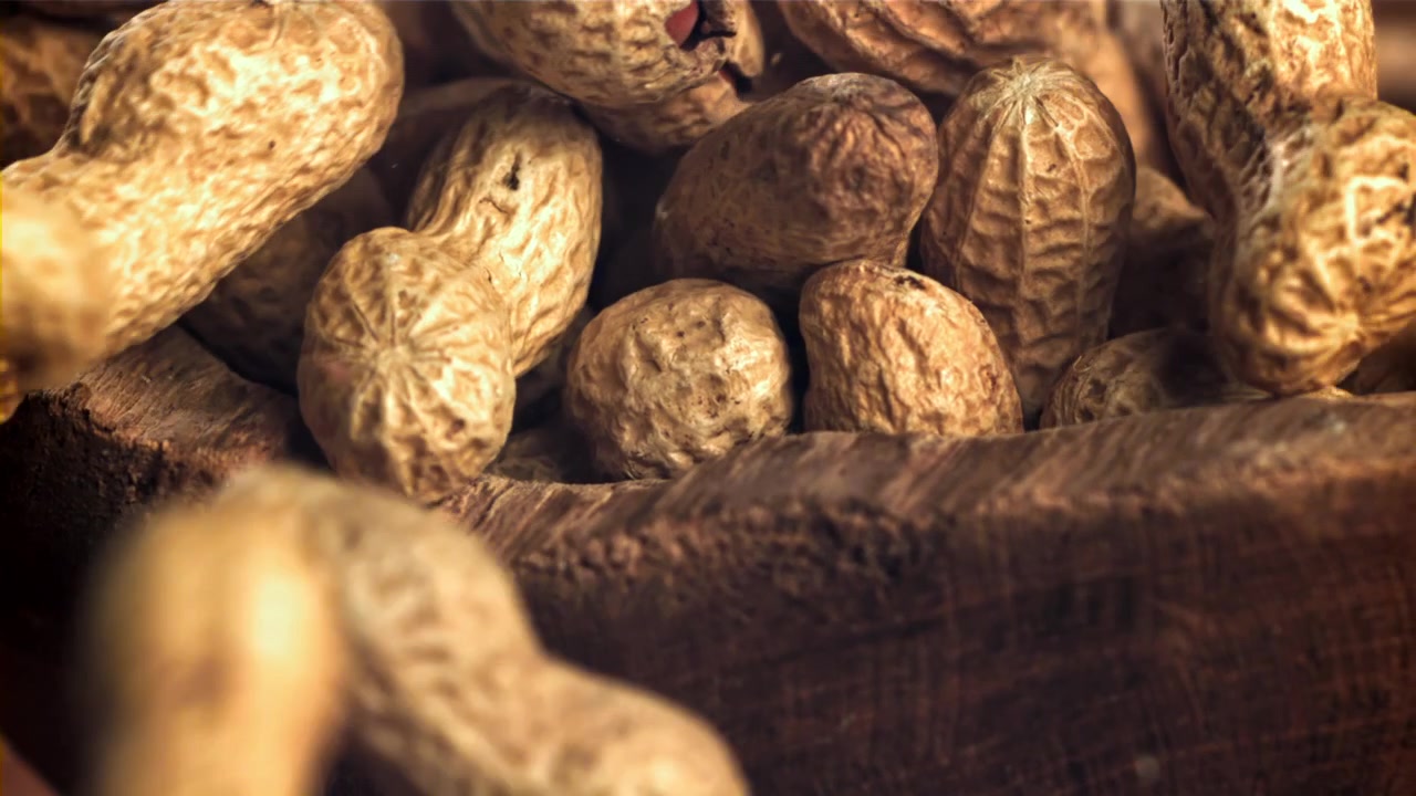 Slow motion, arachidi che si versano in una ciotola di legno rustica