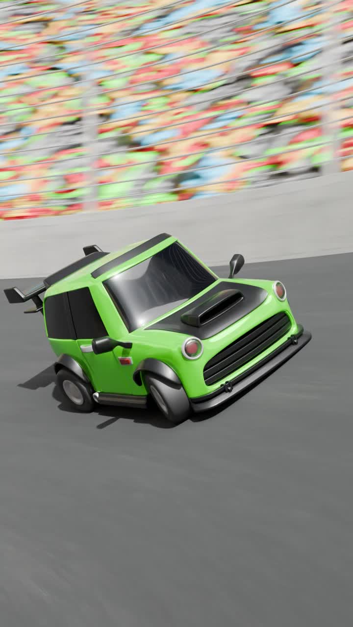 Auto da corsa verde stile cartone animato su una pista