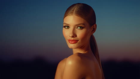 close-up portrait of a beautiful woman with green eyes and red lips