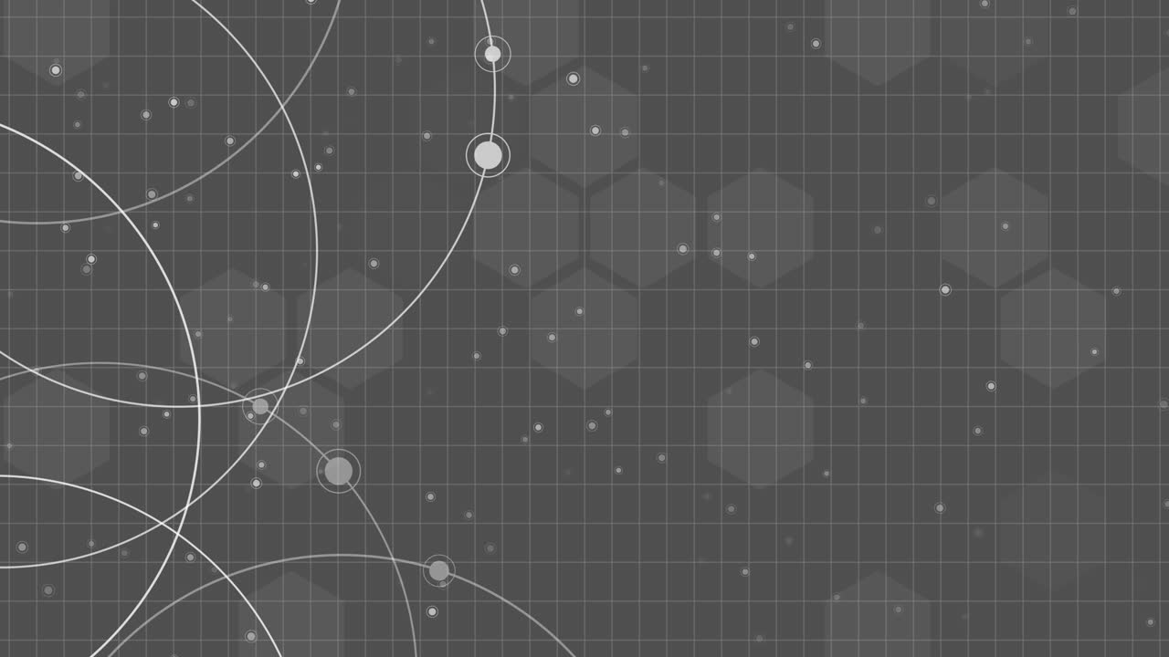 Grey circles dots loop pattern. Animation of movement of atoms in a circle. Grid of hexagons.