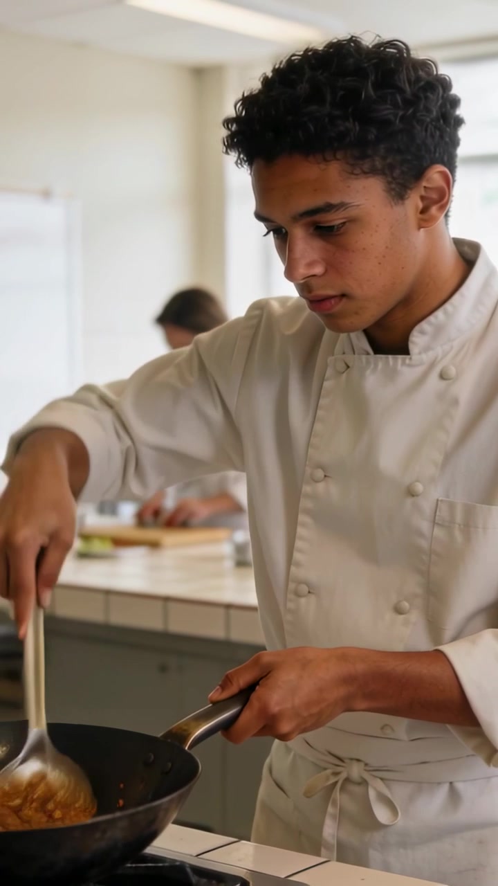 Video verticale: Giovane cuoco/a adolescente che mescola, in giacca bianca e grembiule in cucina, fornello acceso, wok e mestolo.