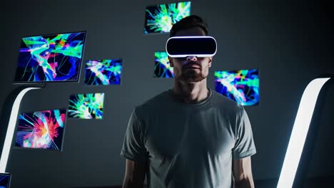 person wearing vr headset experiencing digital art visualization