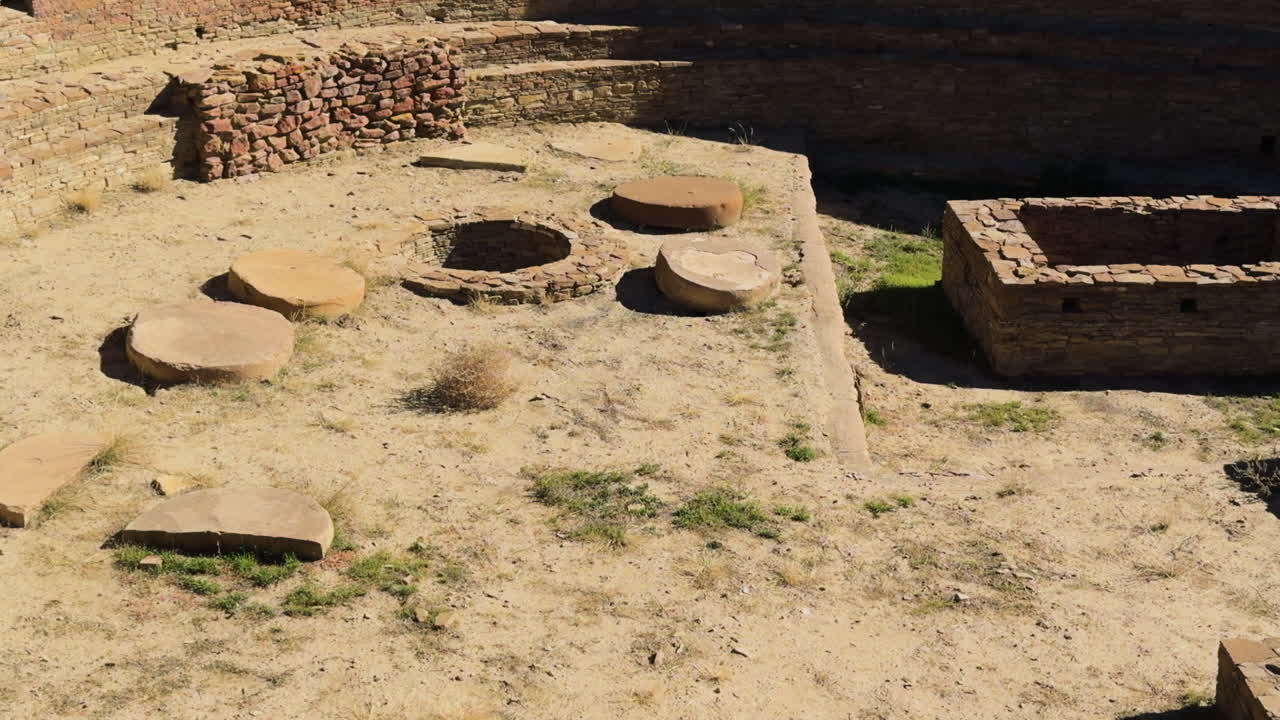Panning clip of an ancient stone structure in Chaco Canyon in New Mexico, USA