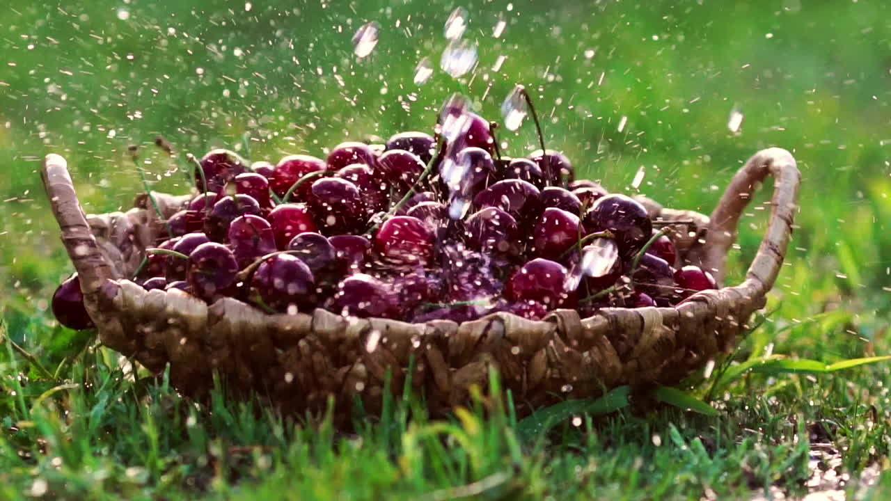 녹색 잔디 위 에 서 있는 바구니 에 있는  ⁇ 은 체리 베리 를 흐르는 물  ⁇  에서 가까이  ⁇ 는다