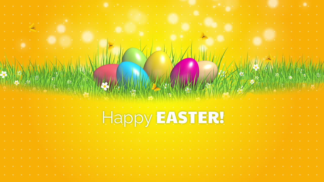 Colorful painted Easter eggs on green grass with flowers and butterflies. Yellow spring animated background. Loop video.