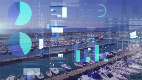 animation of statistics and financial data processing over cityscape