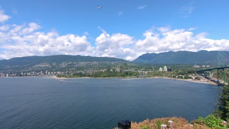 Panoramic-view-of-Lions-Gate-Bridge-from-Stanley-Park-in-Vancouver,-BC-Canada