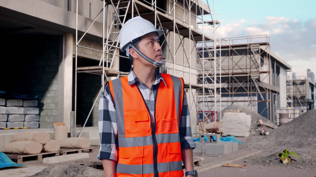 Asian Male Engineer With Safety Helmet Looking Around While Standing At Building & Construction Site in Progress to New House