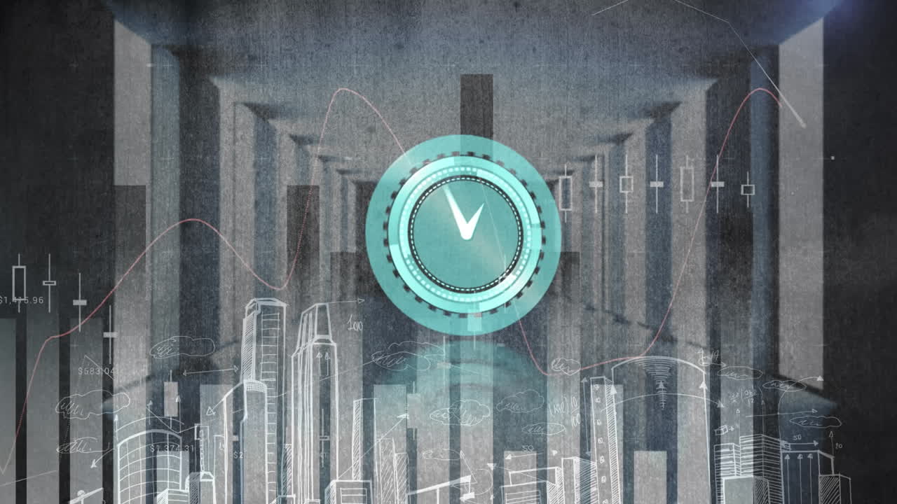 Animation of clock moving fast and statistics with data processing over cityscape