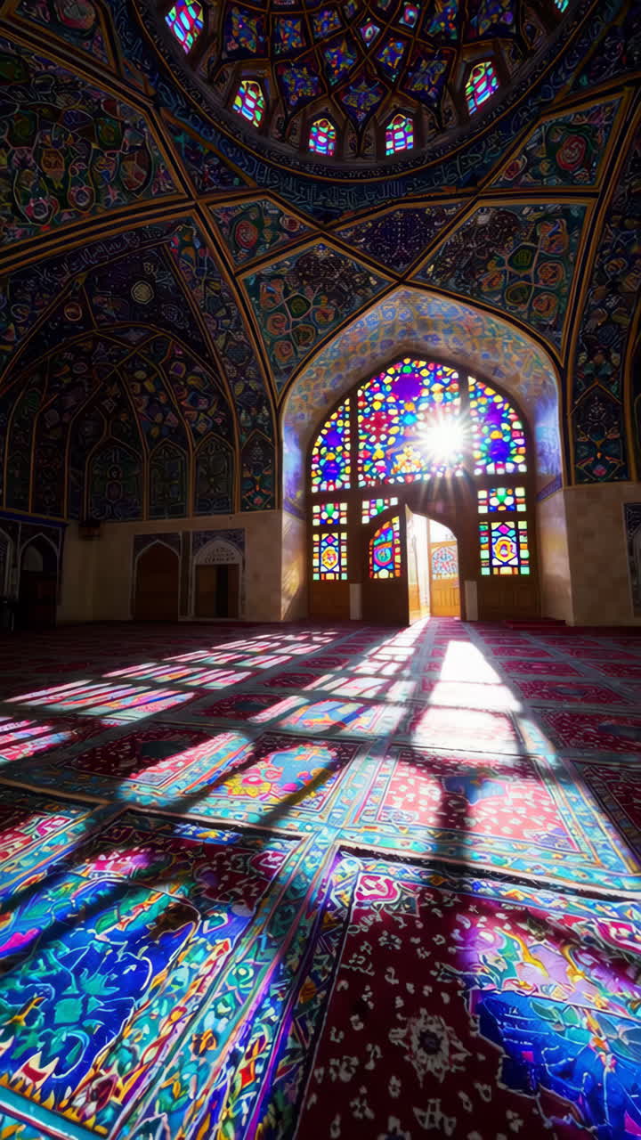 Stunning Interior of a Mosque with Stained Glass and Sunlight