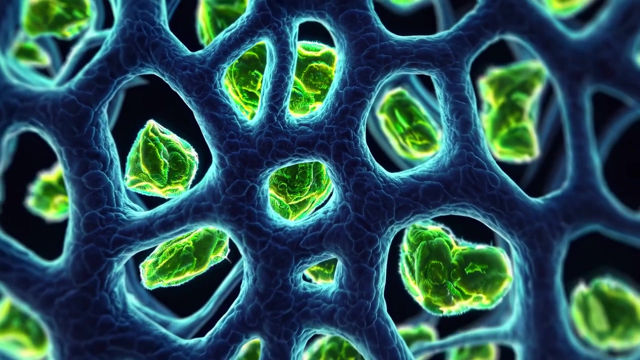 Vista Microscópica de Estrutura Celular e Rede Biológica