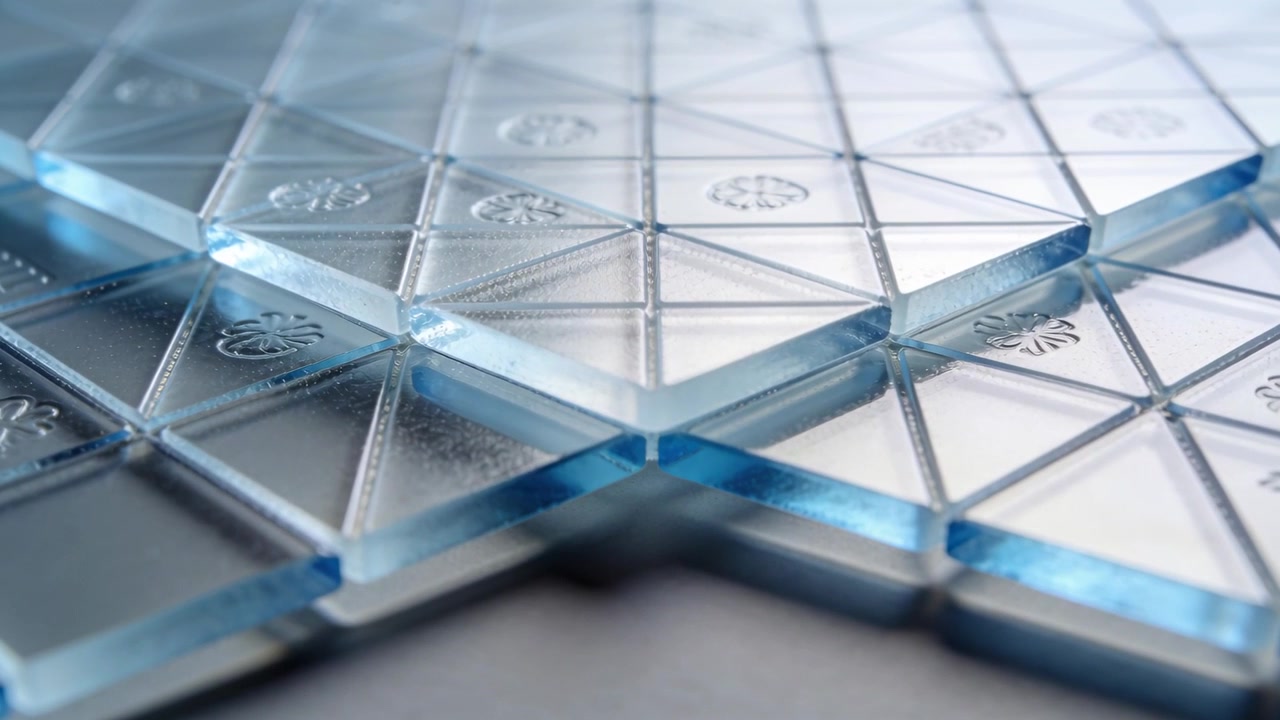 Skiftende fokus afslører glasfliser på et oplyst bord, der fremhæver prægede motiver og affasede kanter