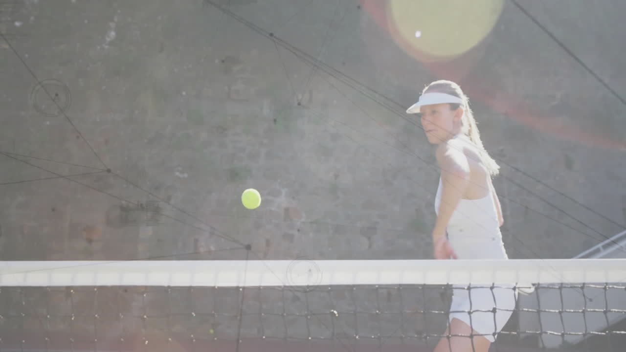 Female tennis player leaning forward on outdoor court, showing geometric overlays and lens flare