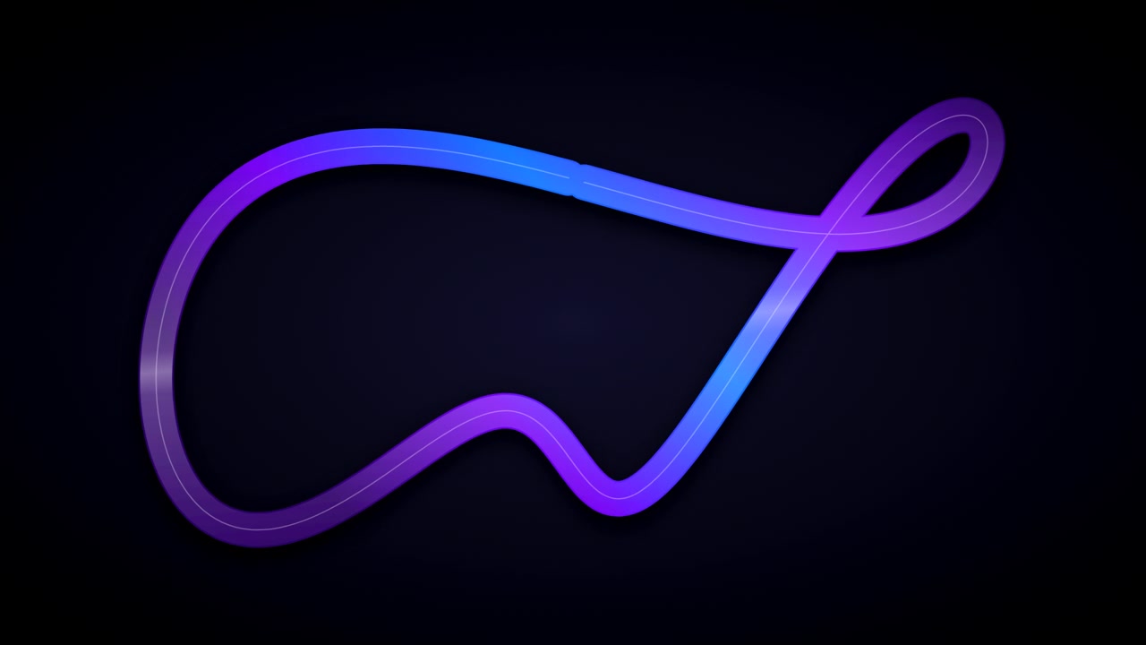 Linea di luce al neon astratta viola e blu che si muove su sfondo scuro