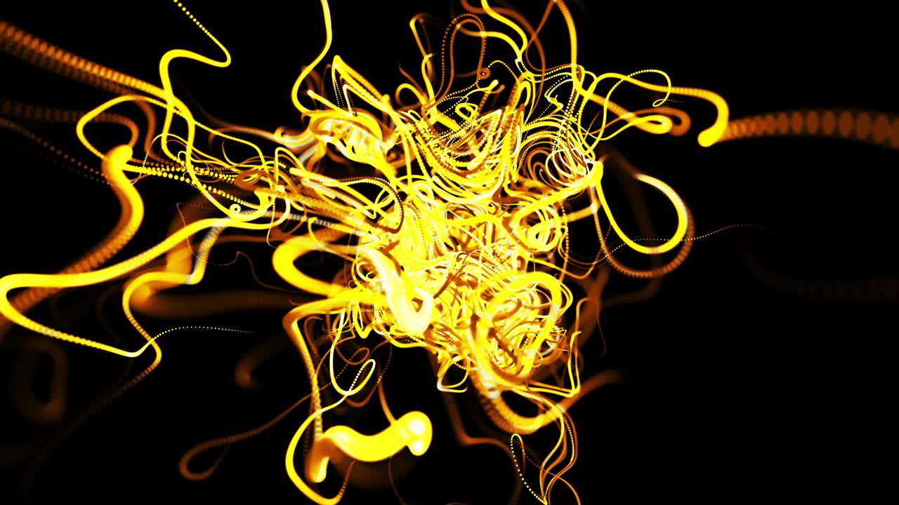 abstracto hermoso fondo de amarillo brillante flujo de líneas hechas de partículas. líneas crecen y forman abstractos hermosos rizos en el espacio. hermoso flujo de líneas de racimo en movimiento. hermosas rizos.