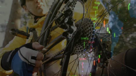 financial data processing against man fixing cycle chain