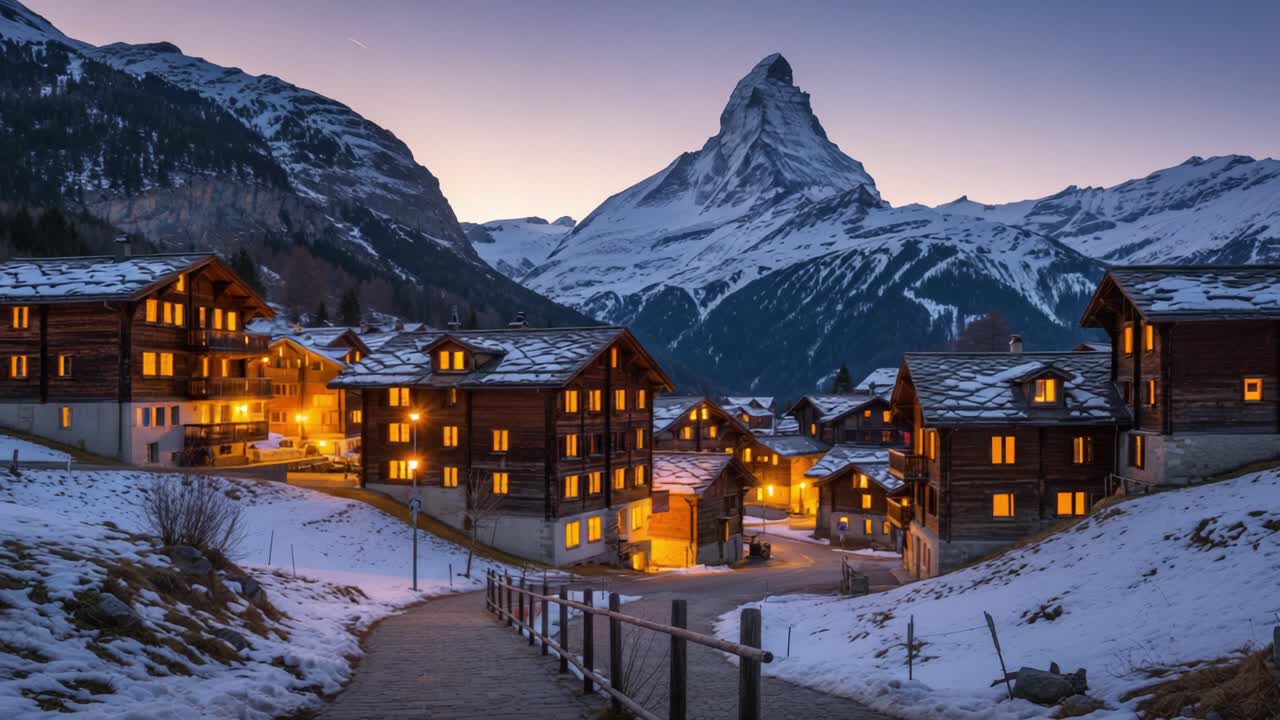 Stunning Alpine Village at Twilight: A Transformation from Daylight to Nighttime with Majestic Snow-Capped Mountains and Cozy Illuminated Chalets