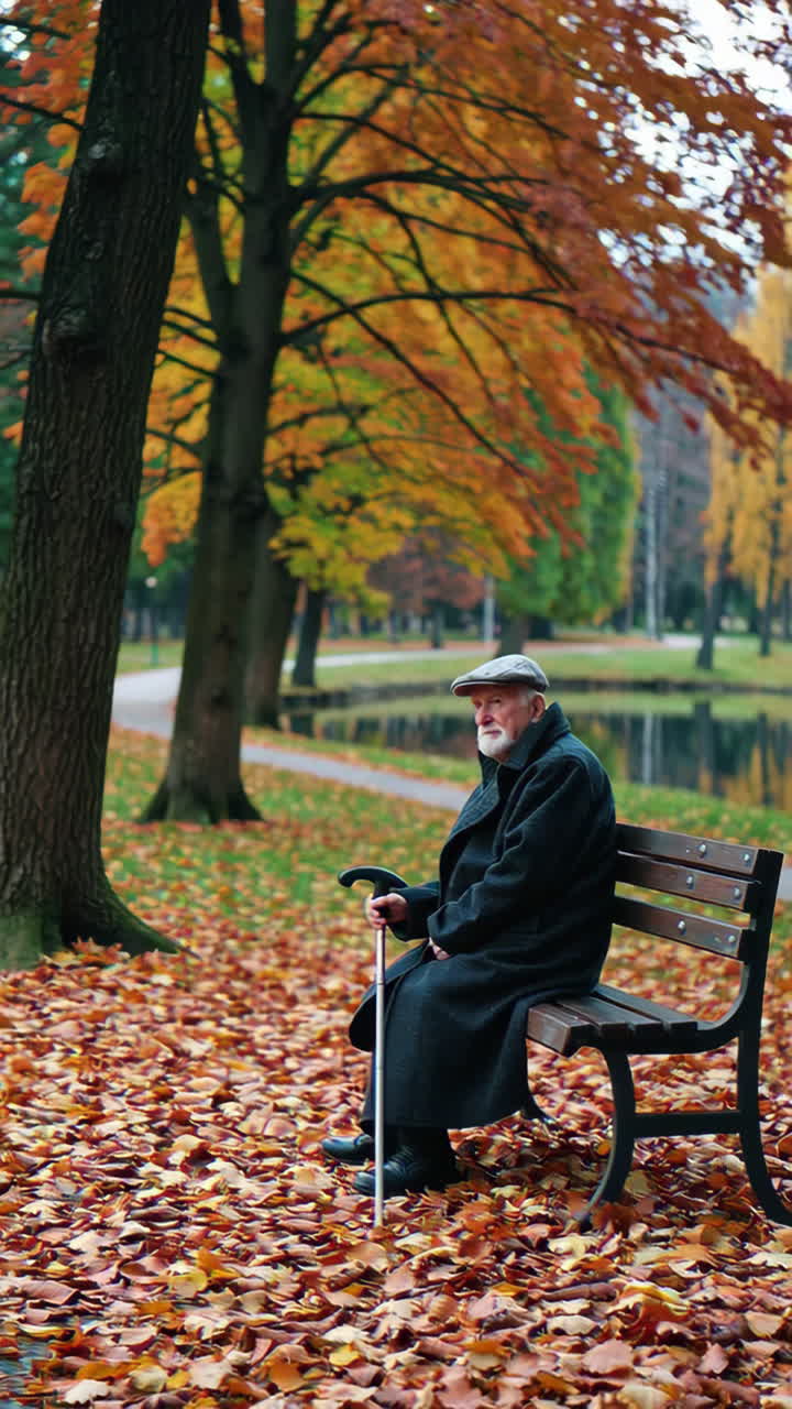 Senior Man Sitting on a Park Bench in Autumn