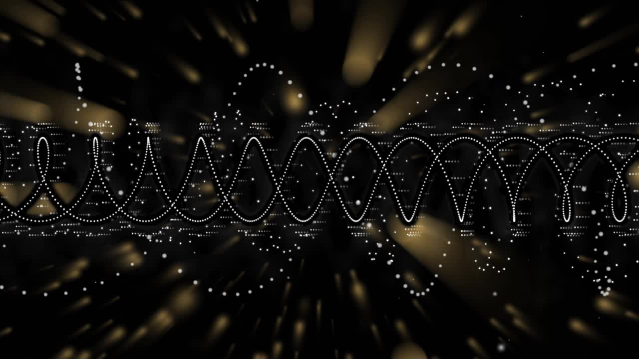 Golden streaks appearing behind dotted sine wave, wave oscillating, pulsing particles showing depth