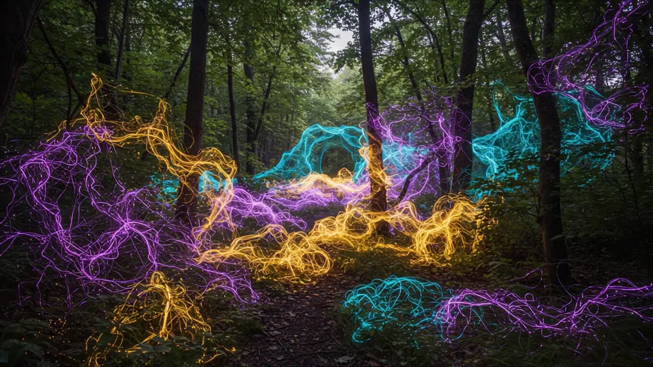 A Mesmerizing Display of Colorful Light Trails in a Forest Setting: An Enchanting Journey Through Nature's Vibrant Energy